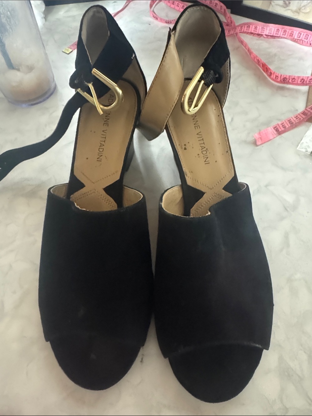 Black Suede Open-Toe Block Heel Sandals
